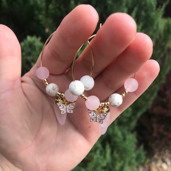 Rose Quartz White Turquoise Butterfly Hoop Earring - Picture 4 of 6